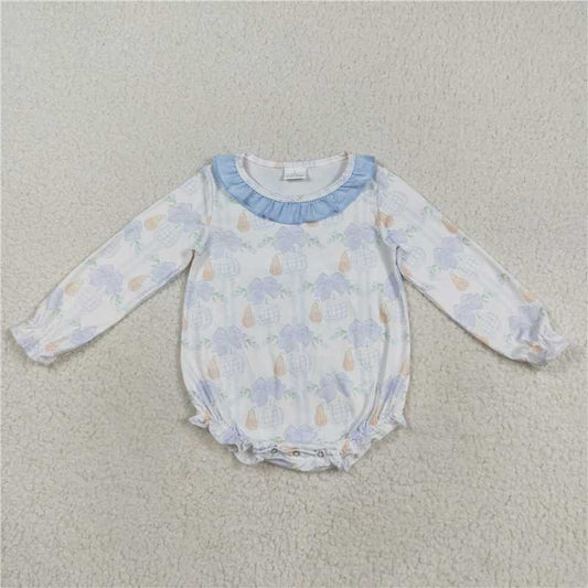 X8.16 LR2312 White long-sleeved bodysuit with pumpkin bow pattern and blue lace