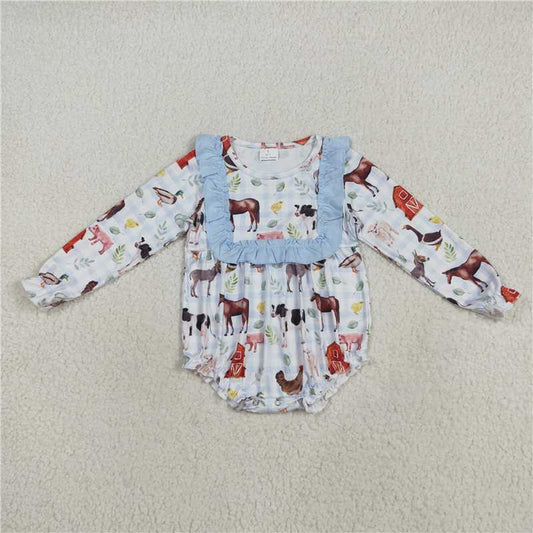 8.8 LR2362 Farm Animal Red House Blue Lace Plaid Long-Sleeved Bodysuit