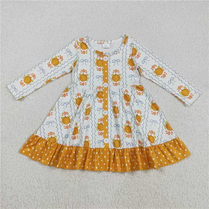 8.7 GLD1111 Long-sleeved dress with floral, pumpkin, and bow patterns, wavy polka dots, and orange lace trim and buttons