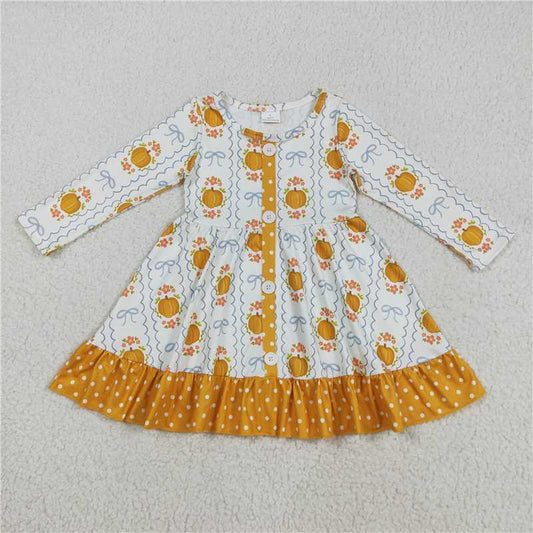 8.7 GLD1111 Long-sleeved dress with floral, pumpkin, and bow patterns, wavy polka dots, and orange lace trim and buttons