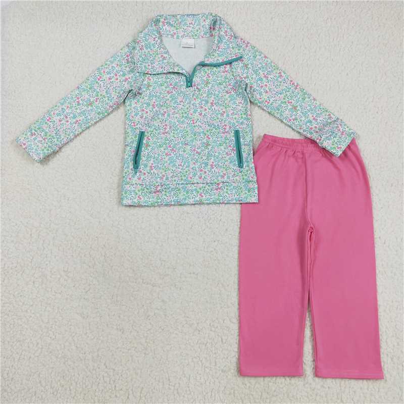 8.7 GLP2414 Rose-red long-sleeved floral and leaf zippered pantsuit