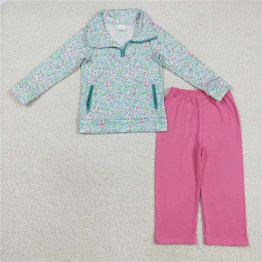 8.7 GLP2414 Rose-red long-sleeved floral and leaf zippered pantsuit