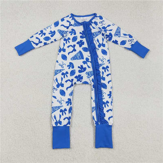 X916  LR2511 Football flared bow pattern blue lace zippered long-sleeved bodysuit