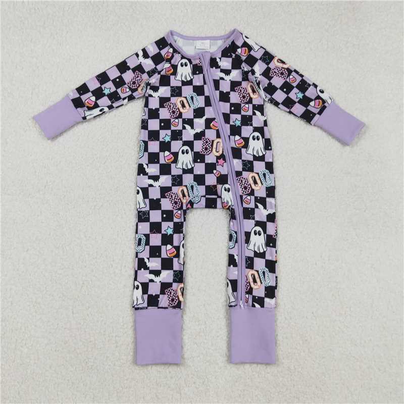 X916 LR2541 boo Halloween Ghost Star Candy Purple and Black Plaid Zipper Long-Sleeved Bodysuit