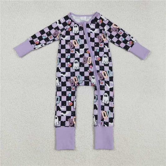 X916 LR2541 boo Halloween Ghost Star Candy Purple and Black Plaid Zipper Long-Sleeved Bodysuit