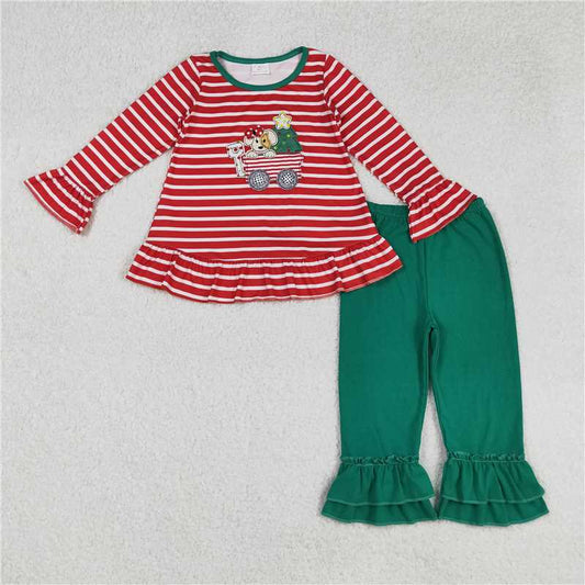 X916  GLP2580 Embroidered Christmas Puppy Cart Stripe Red Long-Sleeve Green Pants Set