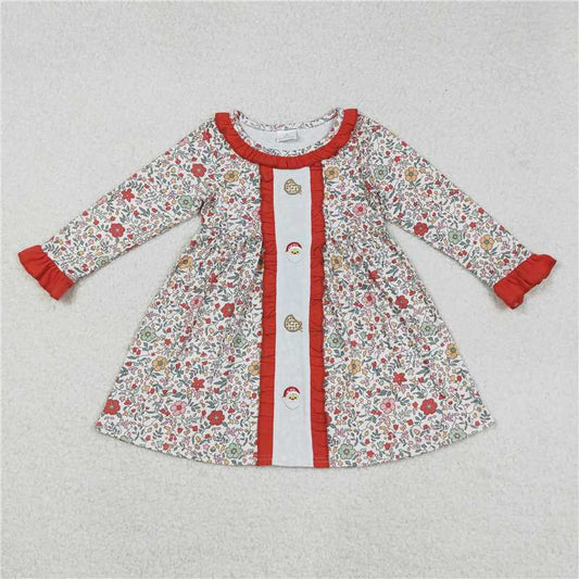 X916 GLD1062 Embroidered Cookie Santa Claus, flowers, leaves, and red lace long-sleeved dress