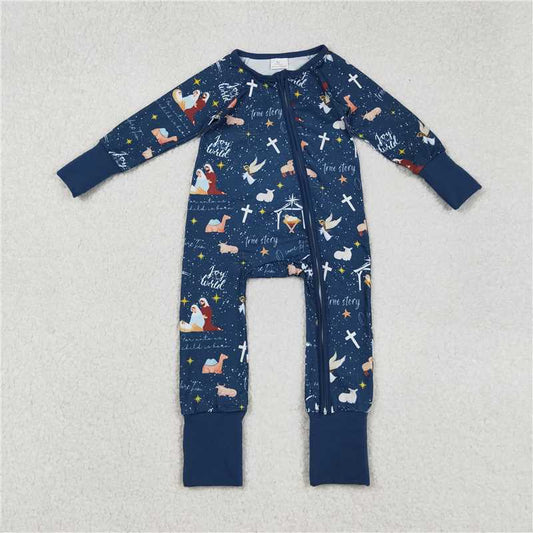 X918 LR2504 World Jesus Blue Zipper Long-Sleeved Bodysuit