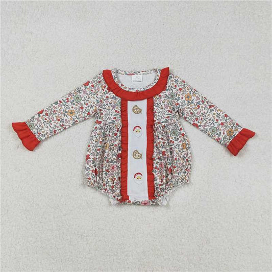 X916 LR2232 Embroidered Cookie Santa Claus, flowers, leaves, and red lace long-sleeved bodysuit