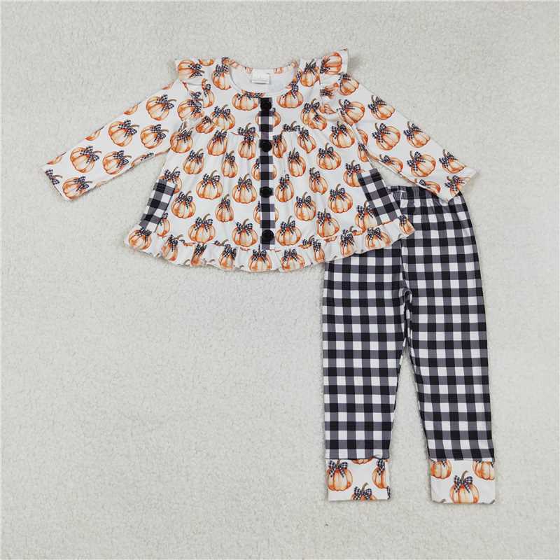 X108  GLP2692 Pumpkin with Bow Pattern and Black and White Check Pocket Button Long Sleeve Pants Set