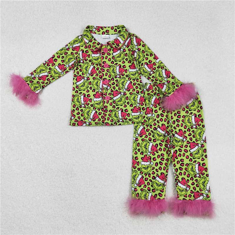 X916 GLP2669 Grinch leopard print rose red plush trim green long-sleeved trousers pajama set