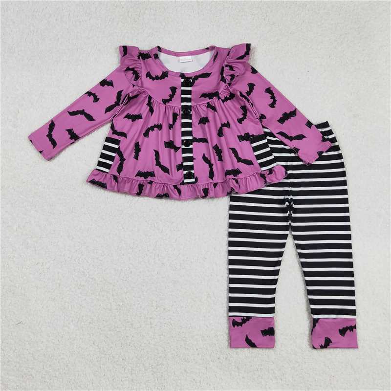 X915 GLP2693 Halloween Bat Black and White Striped Pocket Purple Long Sleeve Pants Set