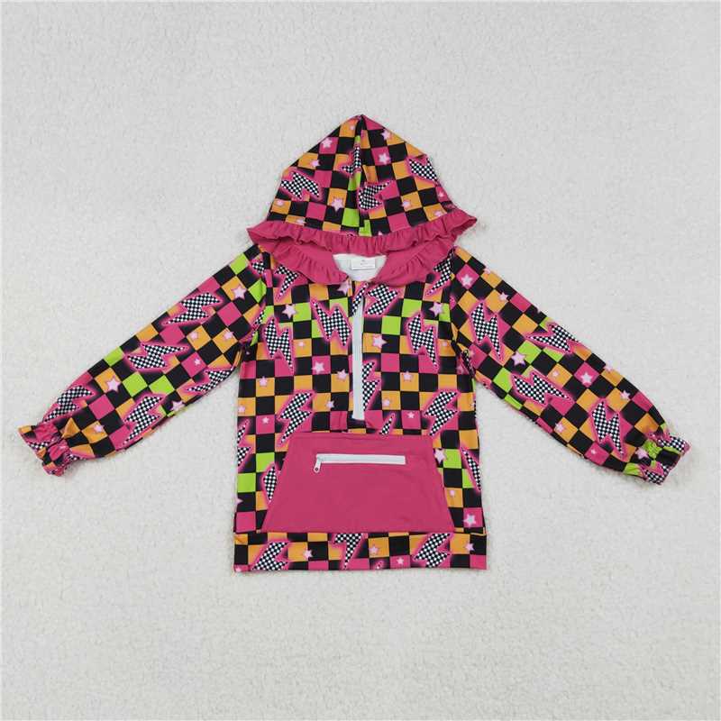 X915  GT1117 Lightning Star Plaid Rose Red Lace Zipper Hooded Long-Sleeved Top