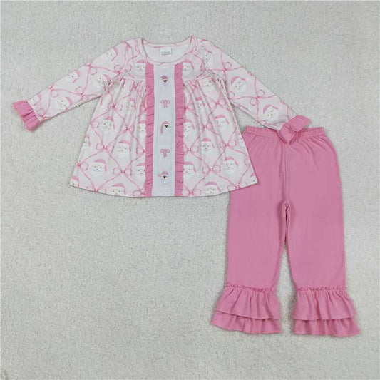 X917 GLP2364 Embroidered Santa Claus Bow Plaid Pink Lace Long-Sleeved Pants Set