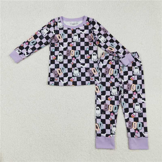 X915  GLP2684 boo Halloween Ghost Star Candy Purple and Black Plaid Long Sleeve and Pants Pajama Set