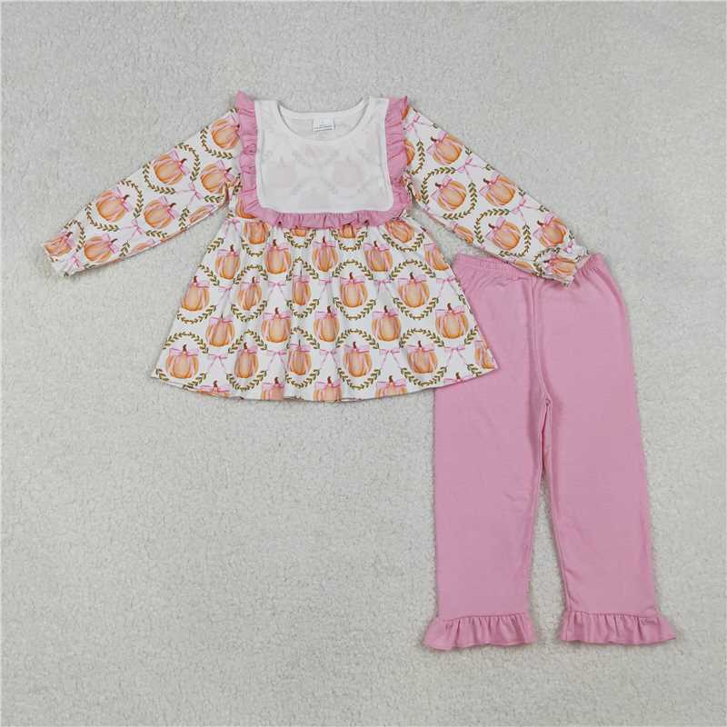 X916 GLP2427 White long-sleeved trouser suit with a pink bow pattern and pumpkin leaves