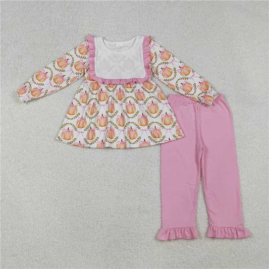 X108 GLP2427 White long-sleeved trouser suit with a pink bow pattern and pumpkin leaves