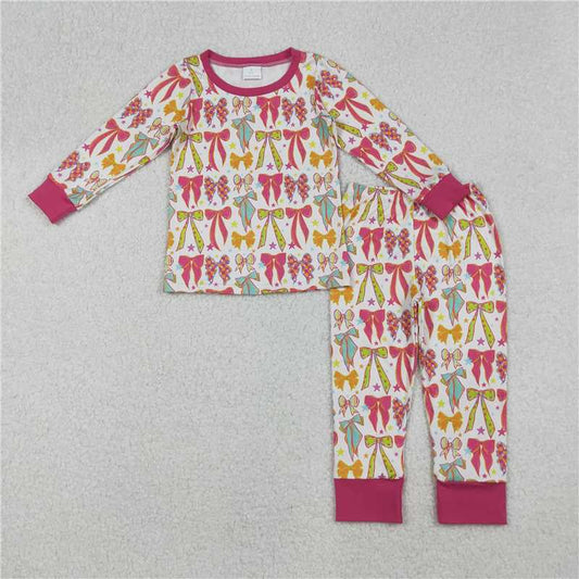 X915  GLP2615 Rose red long-sleeved and long-pants pajama set with bow pattern and stars