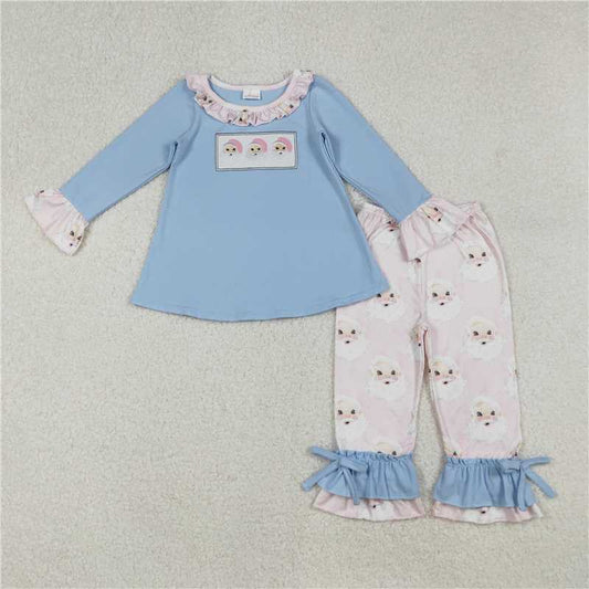 X917  GLP1226 Embroidered Santa Claus Lace Blue Long-Sleeve Pink Pant Set
