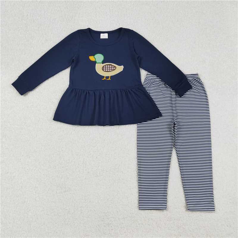 X915  GLP2595 Duck Embroidered Navy Long-Sleeved Striped Pantsuit