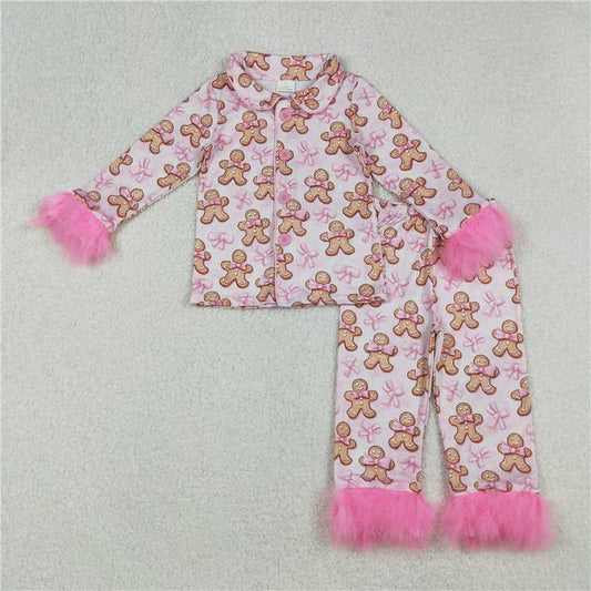 X916  GLP2374 Gingerbread Man Pink Bow Pattern Long-Sleeved Pants Pajama Set with Plush Trim