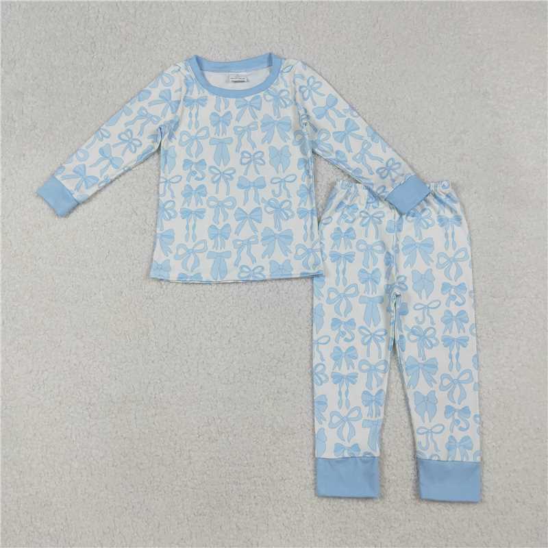 X915 GLP2724 Light blue bow pattern white long-sleeved pajamas set