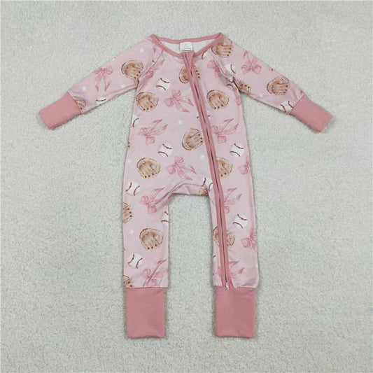 X1.9 LR2967 Pink Zipper Long-Sleeve Jumpsuit with Baseball Glove Bow Pattern