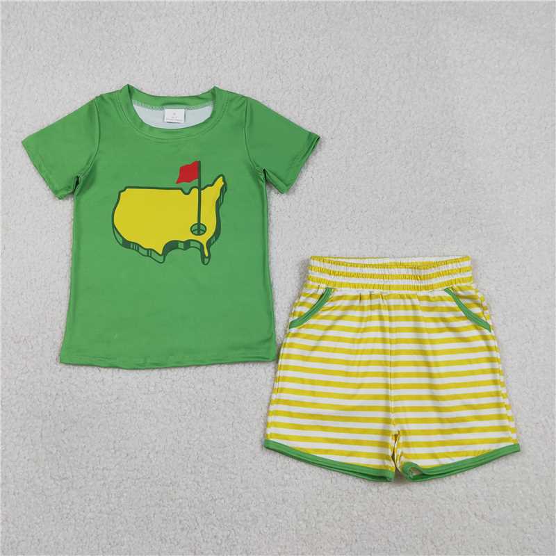 X1.10  BSSO1673 Golf Course Red Flag Green Short-Sleeve Yellow Striped Shorts Suit