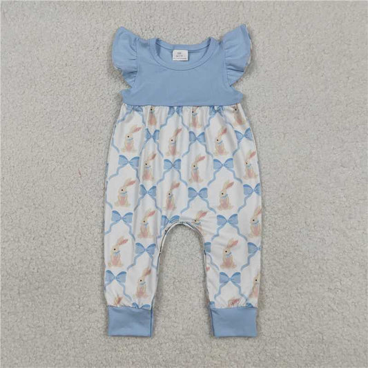 X1.9 SR3806 Blue and white jumpsuit with rabbit and bow pattern and flutter sleeves