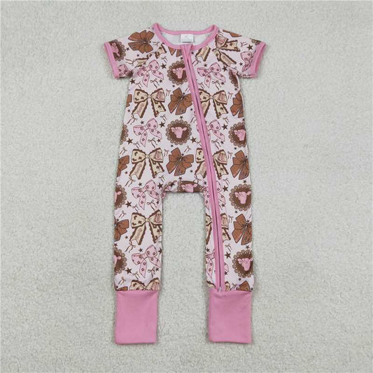 X1.9  SR3763 Pink Zipper Short-Sleeve Jumpsuit with Bull Head, Star, and Bow Pattern