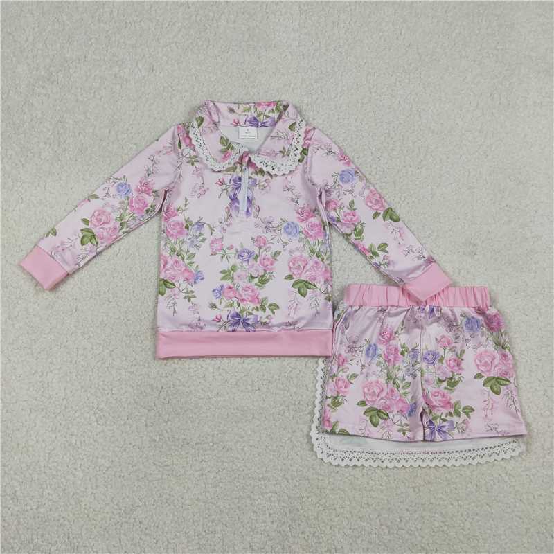 GLD1572 Pink Zipper Long-Sleeved Midi Skirt Set with Floral and Leaf Peter Pan Collar