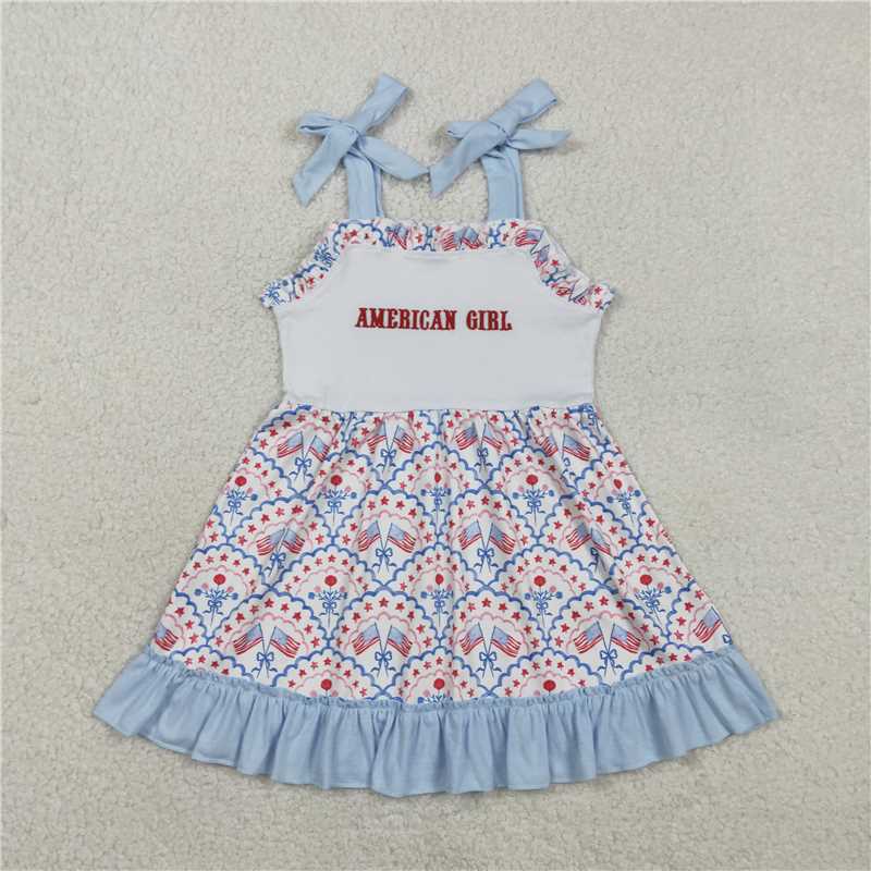 X1.17  GSD3239 Embroidered American Girl Flag and Star Pattern Blue Sundress
