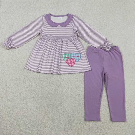 GLP3262 Embroidered xoxo Letter Heart Collar Purple Striped Long-Sleeved Trousers Set