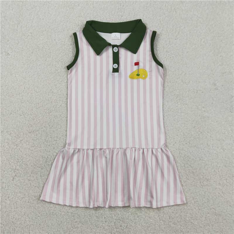 X1.17  GSD3142 Embroidered Golf Course Red Flag Pink Vertical Striped Button-Down Neckline Sleeveless Dress