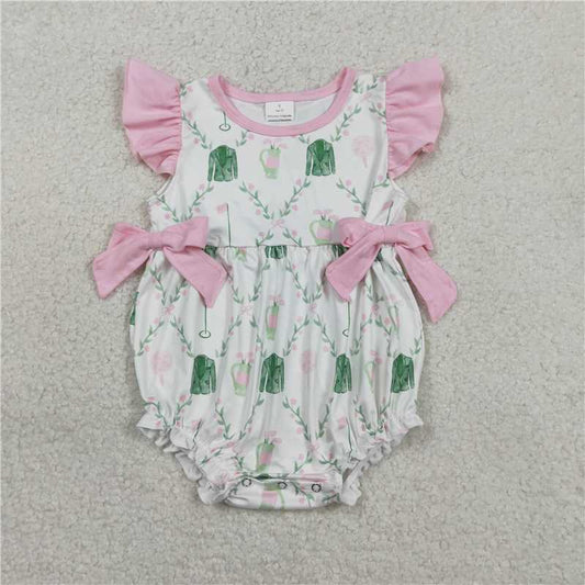 SR3842 Golf Ball Cylinder Floral Leaf Check Pink Bow Vest Jumpsuit