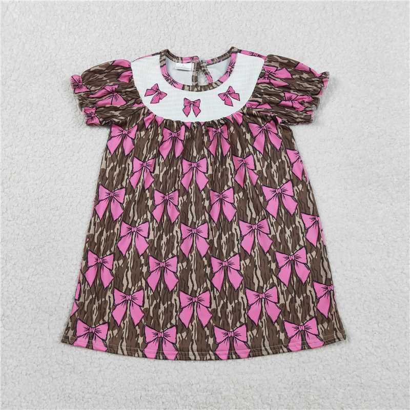 GSD3446 Embroidered Rose Red Bow Pattern Military Green Camouflage Short-Sleeve Dress