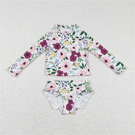 S0180 Pink and purple floral white long-sleeved swimsuit suit