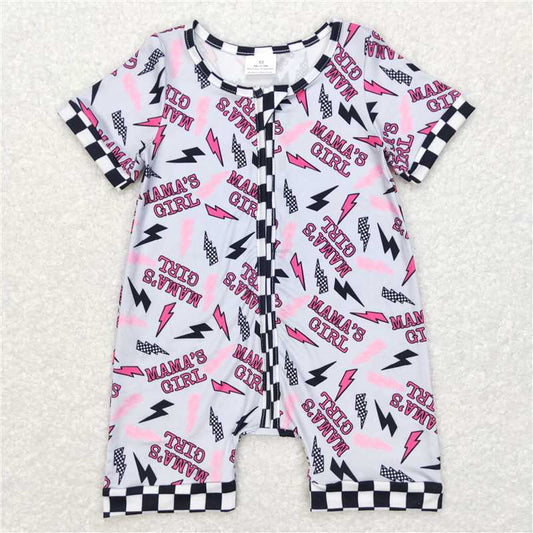 SR0562 mama's girl lightning black and white checkered gray short sleeve zipper jumpsuit