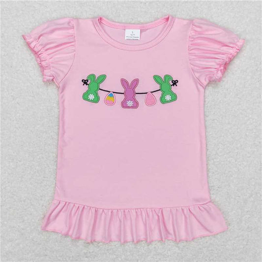 GT0391 Embroidery Easter Egg Rabbit Pink Lantern Sleeve Short Sleeve Top