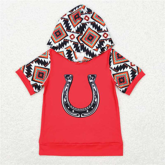 BT0459 Geometric red hooded short-sleeved top