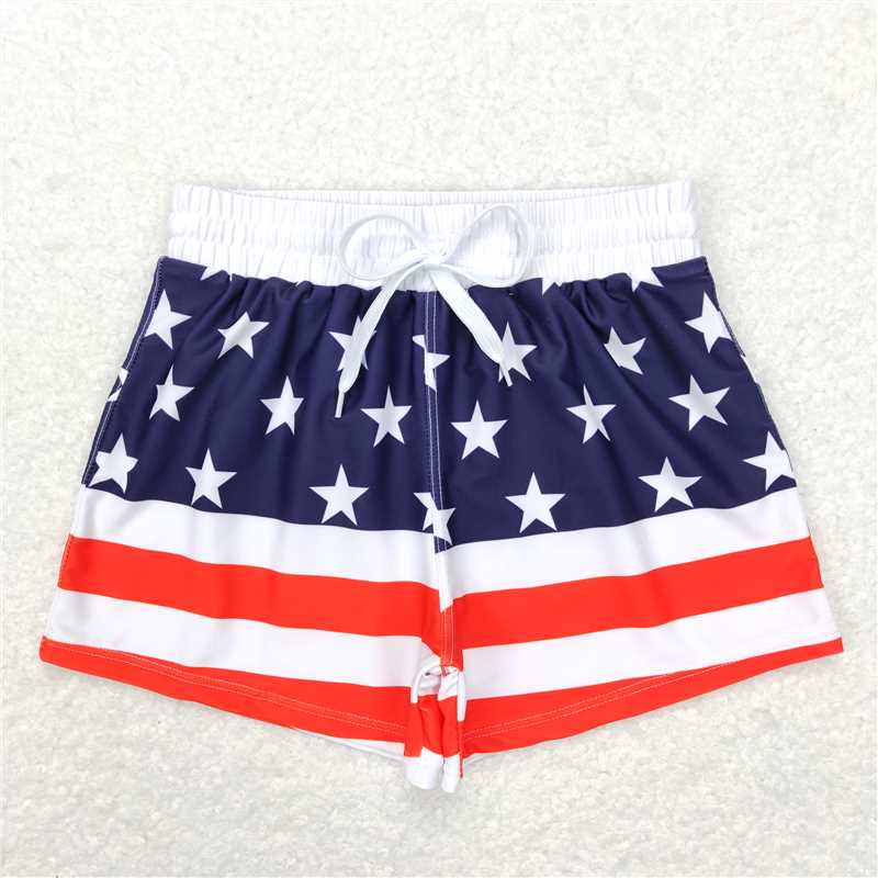 S0188 Five-pointed star red and white striped dark blue swimming trunks