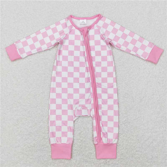 LR0810 Pink and white plaid zipper long-sleeved jumpsuit