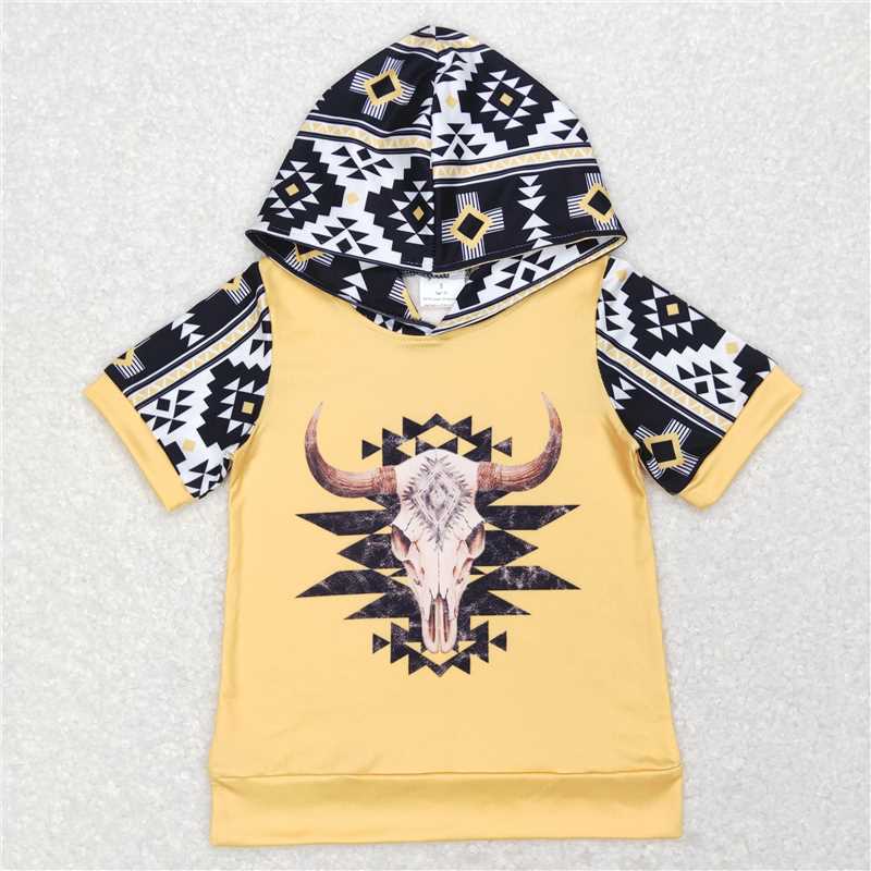 BT0458 Yellow hooded short-sleeved top with alpine bull head geometric pattern