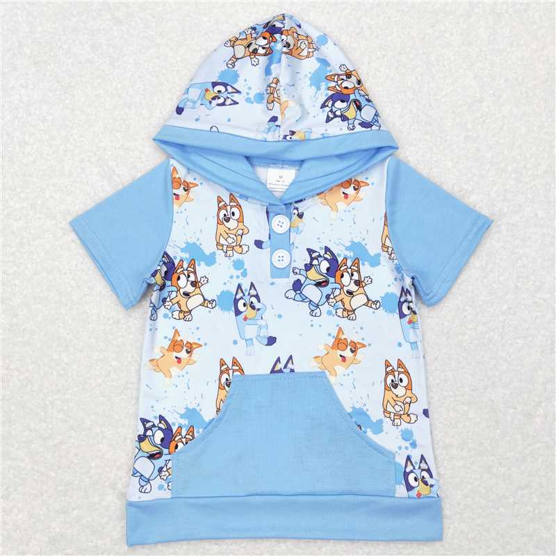 BT0452 bluey blue pocket hooded short-sleeved top