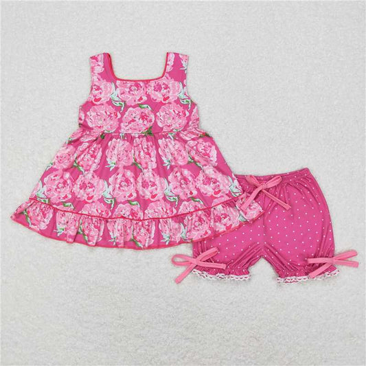 GSSO0364 Floral rose red sleeveless top polka dot shorts set