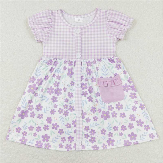 GSD0577 Floral Purple and White Plaid Button Short Sleeve Dress