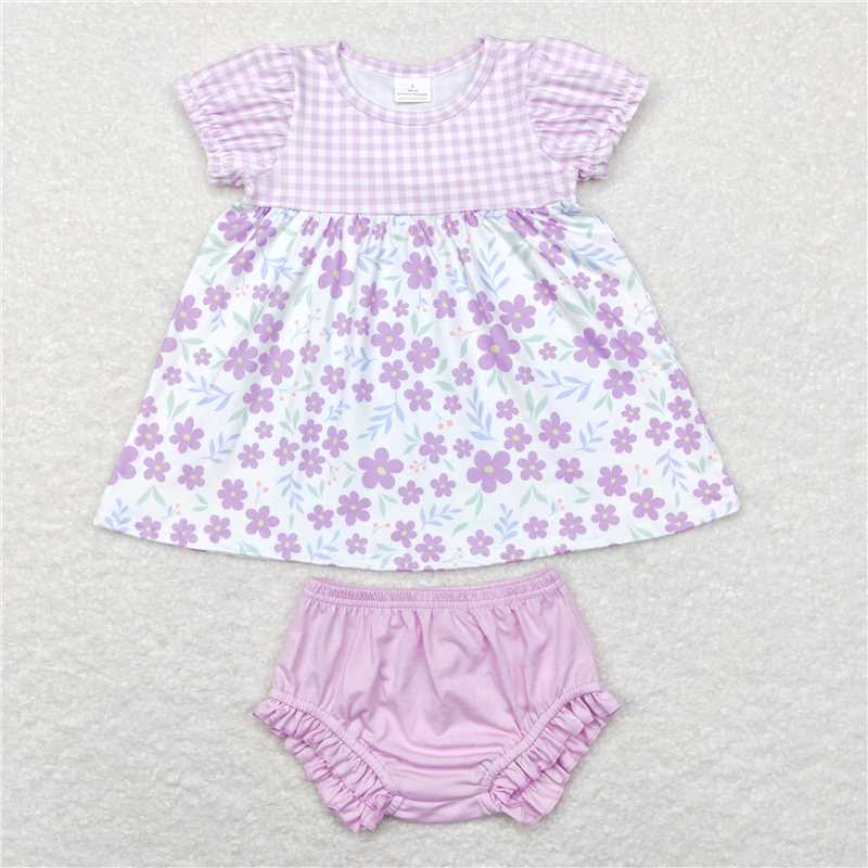 GBO0214 Floral purple and white plaid short-sleeved briefs suit