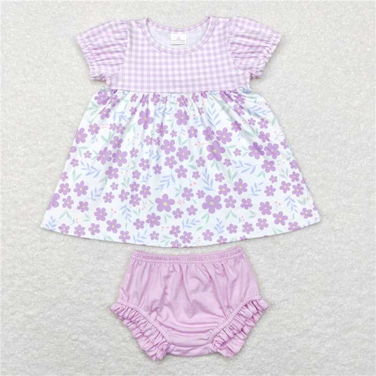 GBO0214 Floral purple and white plaid short-sleeved briefs suit