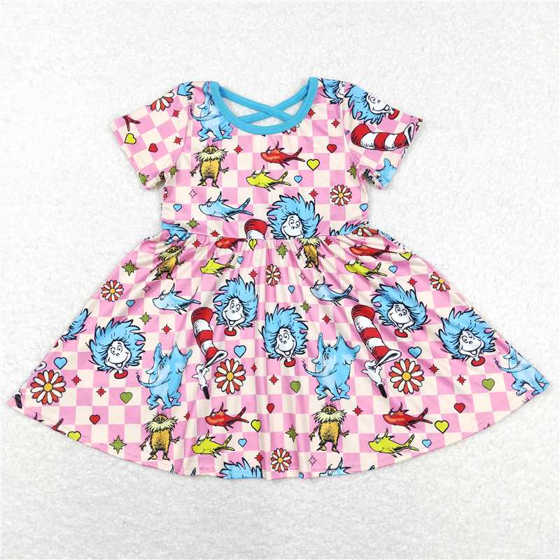 GSD0503 dr seuss cartoon elephant pink plaid short sleeve dress