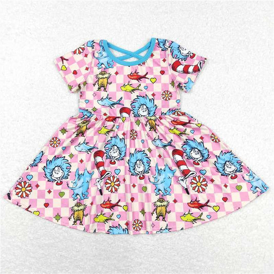 GSD0503 dr seuss cartoon elephant pink plaid short sleeve dress